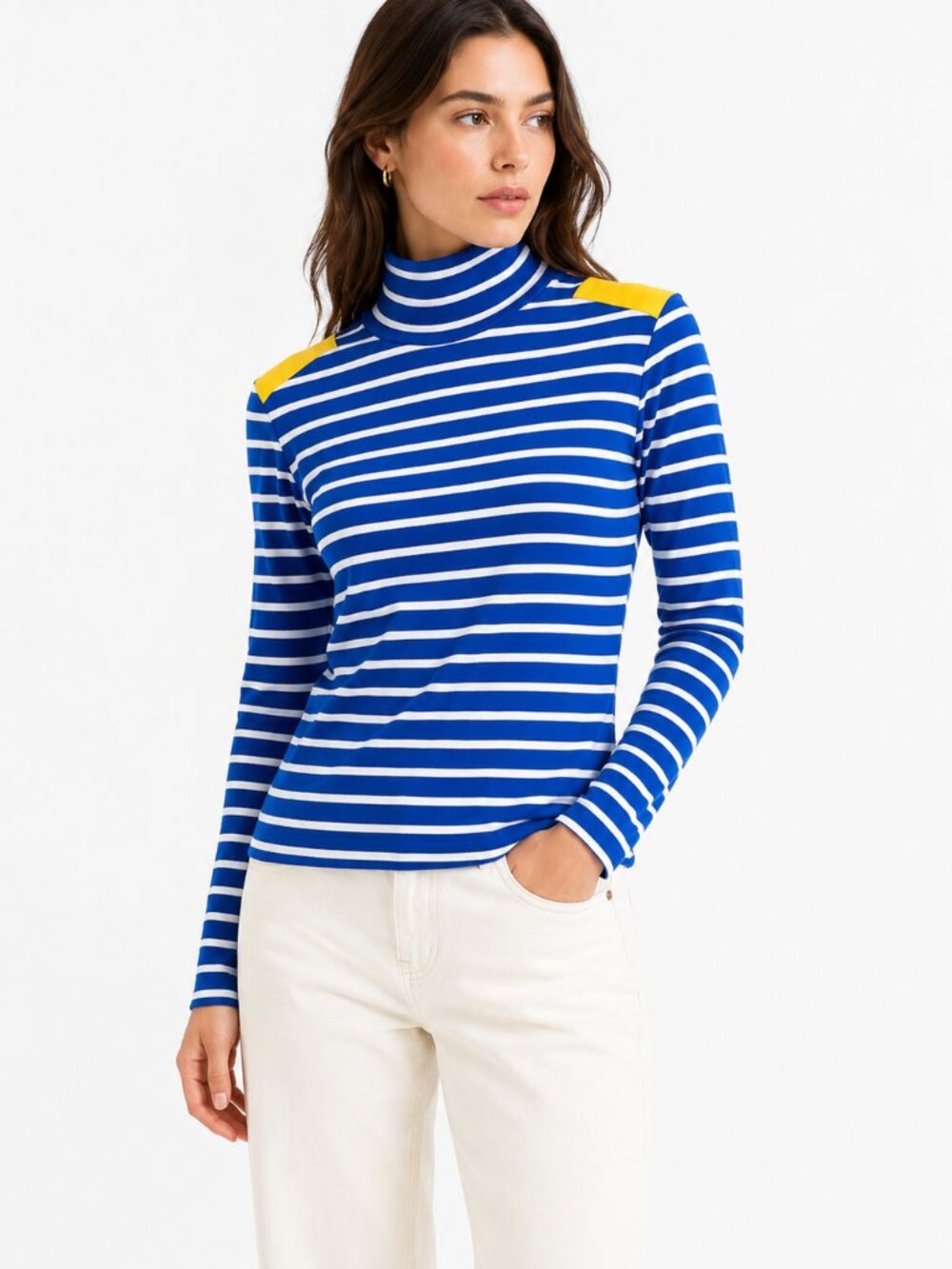 JC DE CASTELBAJAC LONG SLEEVE BLUE WHITE STRIPED TOP WITH YELLOW PATCH - XS